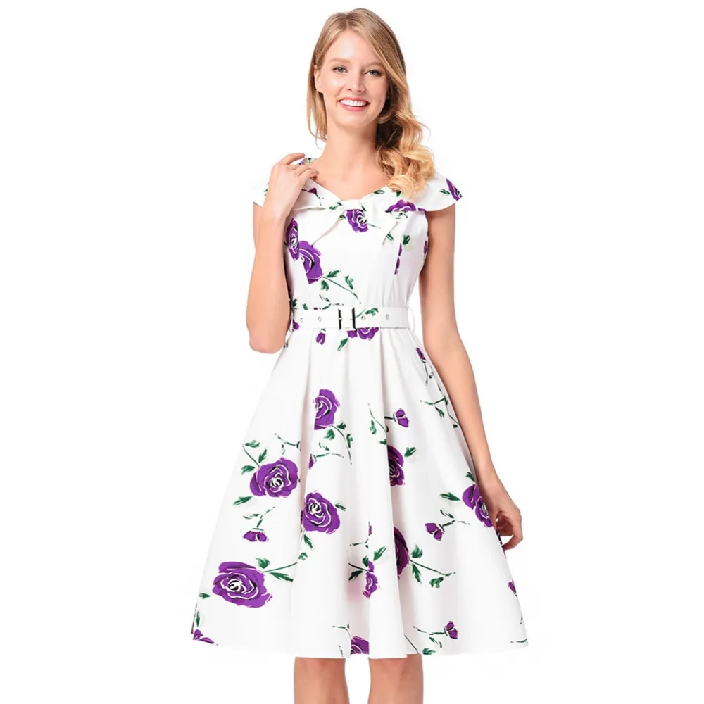 2018 summer new print dress women's lapel hepburn retro style formal midi with belt | Женская одежда