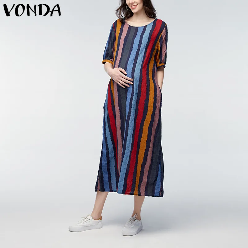 VONDA Одежда для беременных летнее Полосатое повседневное Свободное длинное платье макси для беременных женщин размера плюс длиной до щиколотки Vestido