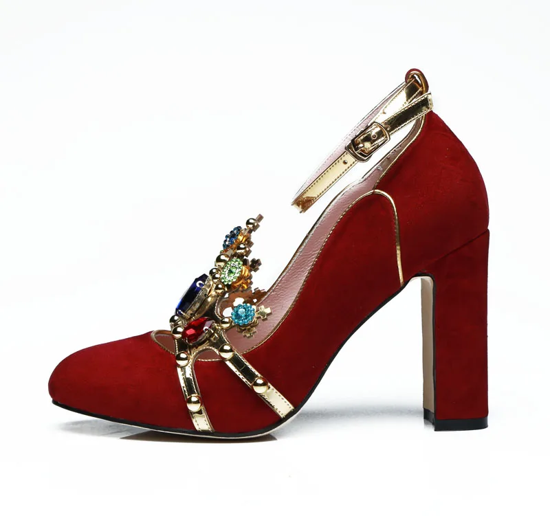 as shown Zapatos De Mujer; коллекция года; фиолетовые замшевые женские туфли-лодочки с украшением в виде короны; модельные туфли на массивном каблуке с ремешком на лодыжке; роскошные свадебные туфли для невесты - Цвет: as shown