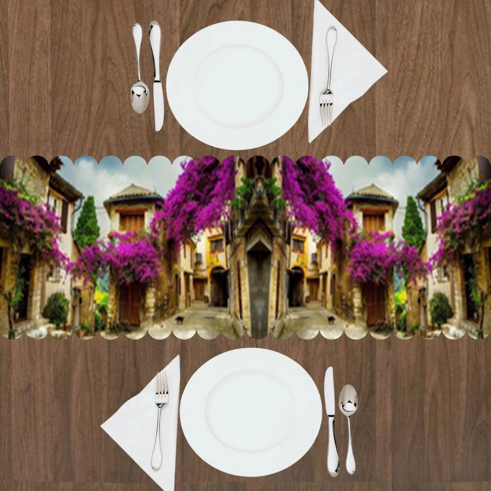 

Else Vintage Street Purple Trees Flowers Florals 3d Print Pattern Modern Table Cloth Runner Decorations for Kitchen Dining Room