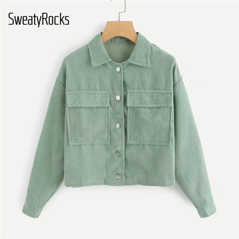SweatyRocks солидные повседневные вельветовые пальто с двумя карманами однобортная верхняя одежда с отложным воротником Осенняя Женская куртка и топы