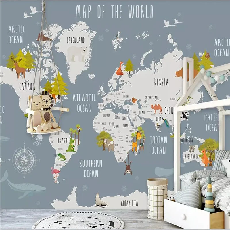 

Custom 3d wallpaper mural original cartoon world map children's room background wall - high-grade waterproof material