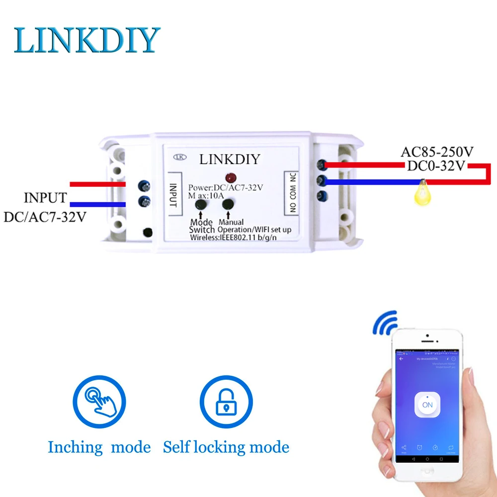 linkdiy wifi smart switch 1 Channel Self-locking Wireless Relay Module for home Automation dc 7v 12v 24v 32v 10A | Электроника