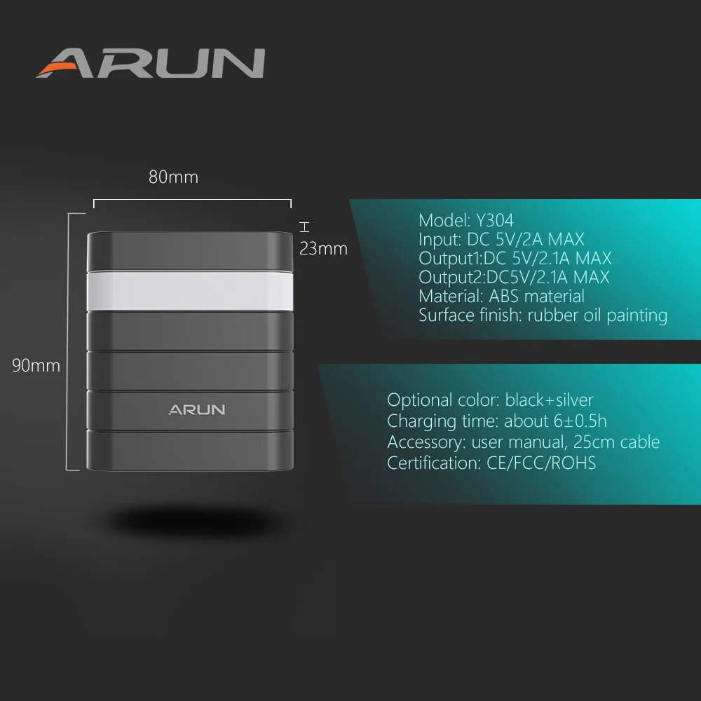 ARUN 10000 mah Мощность Bank внешняя Батарея повербанк 2 USB банк Портативный мобильного