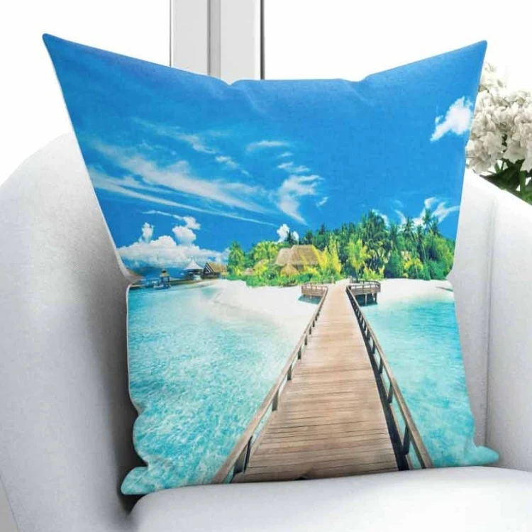 

Else Tropical Green island Blue Sea Wooden Brown Bridge 3D Print Throw Pillow Case Cushion Cover Square Hidden Zipper 45x45cm