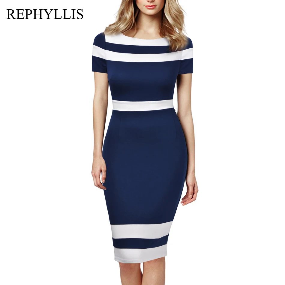 Dark Blue REPHYLLIS женское платье-карандаш с коротким рукавом, с вырезом лодочкой, в стиле пэчворк, повседневное, деловое, офисное, элегантное, облегающее - Цвет: Dark Blue