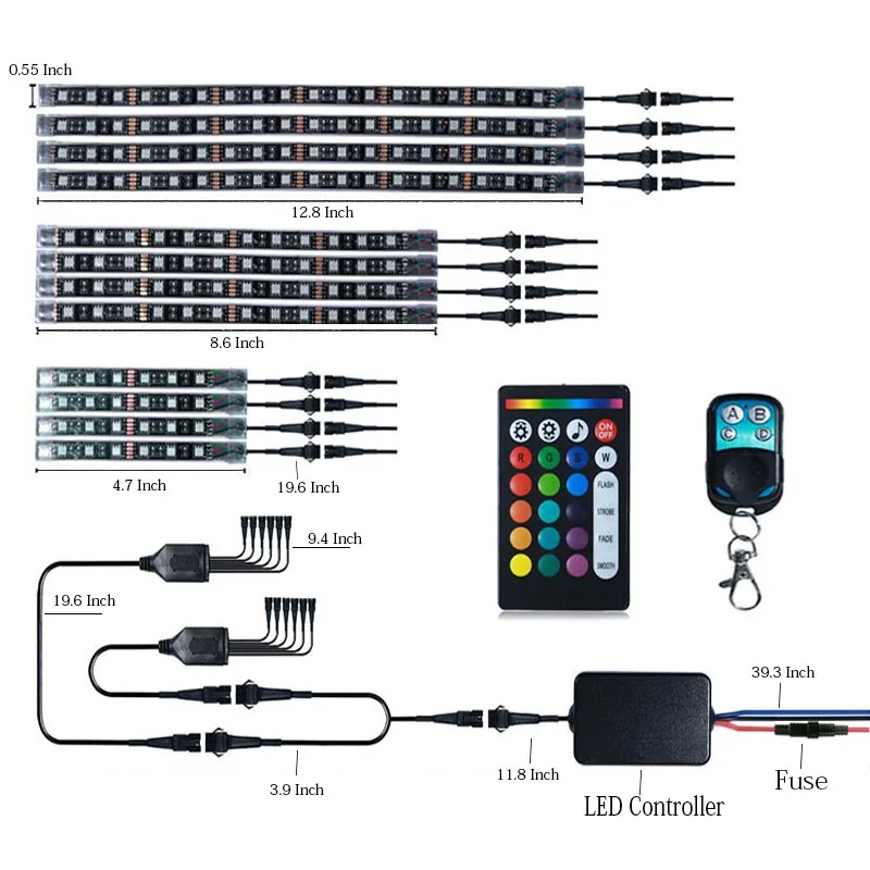 12pcs Motorcycle LED Neon Strip Lamp RGB Voice Control Glow Lights 5050SMD Flexible Strips Kit Wireless Remote Waterproof |