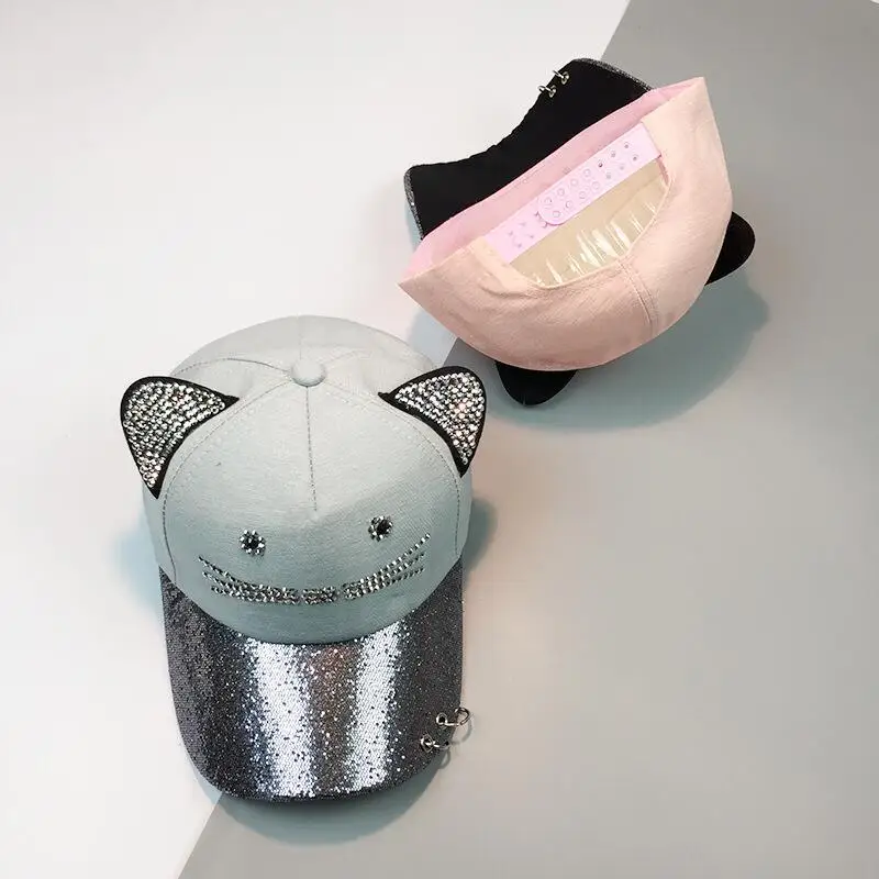 Seioum Snapback Cute Cat Ears Pink Baseball Cap Women's hats New Lovely cat Adjustable Sunscreen Caps Casual Drake Bones Unisex