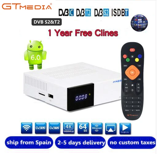Freesat GTC декодер DVB-S2 DVB-C DVB-T2 Amlogic S905D android 6,0 tv box 2 Гб оперативной памяти, 16 Гб встроенной памяти+ 1 год cccam спутниковый ТВ ресивер декодер каналов кабельного телевидения ТВ коробка