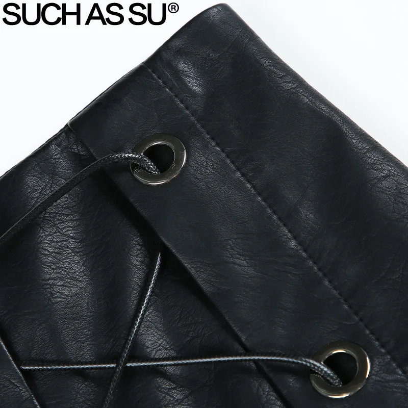 New Fashion PU Leather Asymmetrical Skirt Women 2018 Fall Winter Black Red Blue Lace-Up Mini Slim Irregular Female | Женская одежда