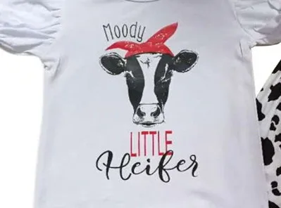 Новое поступление, наряды для девочек с изображением коровы moody модная летняя футболка+ штаны-клеш комплекты из 2 предметов одежда для детей, gxj