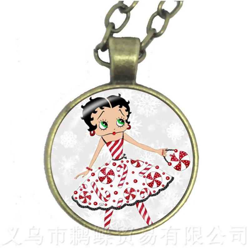

2018 New Arrived Betty Boop Series Pattern 25mm Round Glass Cabochon Handmade Necklace For Best Friends Gift Sweater chain