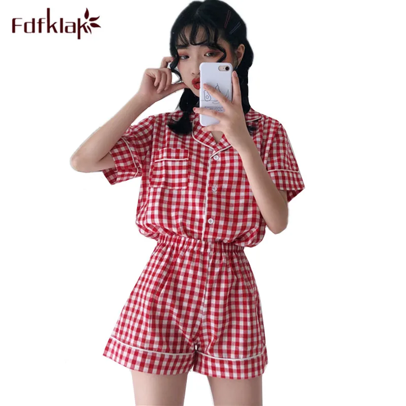 Пижамный комплект женский клетчатый с коротким рукавом летняя | Женская одежда