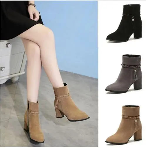2017 fashion suede Women Boots Tassel Ankle Round Toe Winter Ladies Party Western Stretch Fabric With zipper |