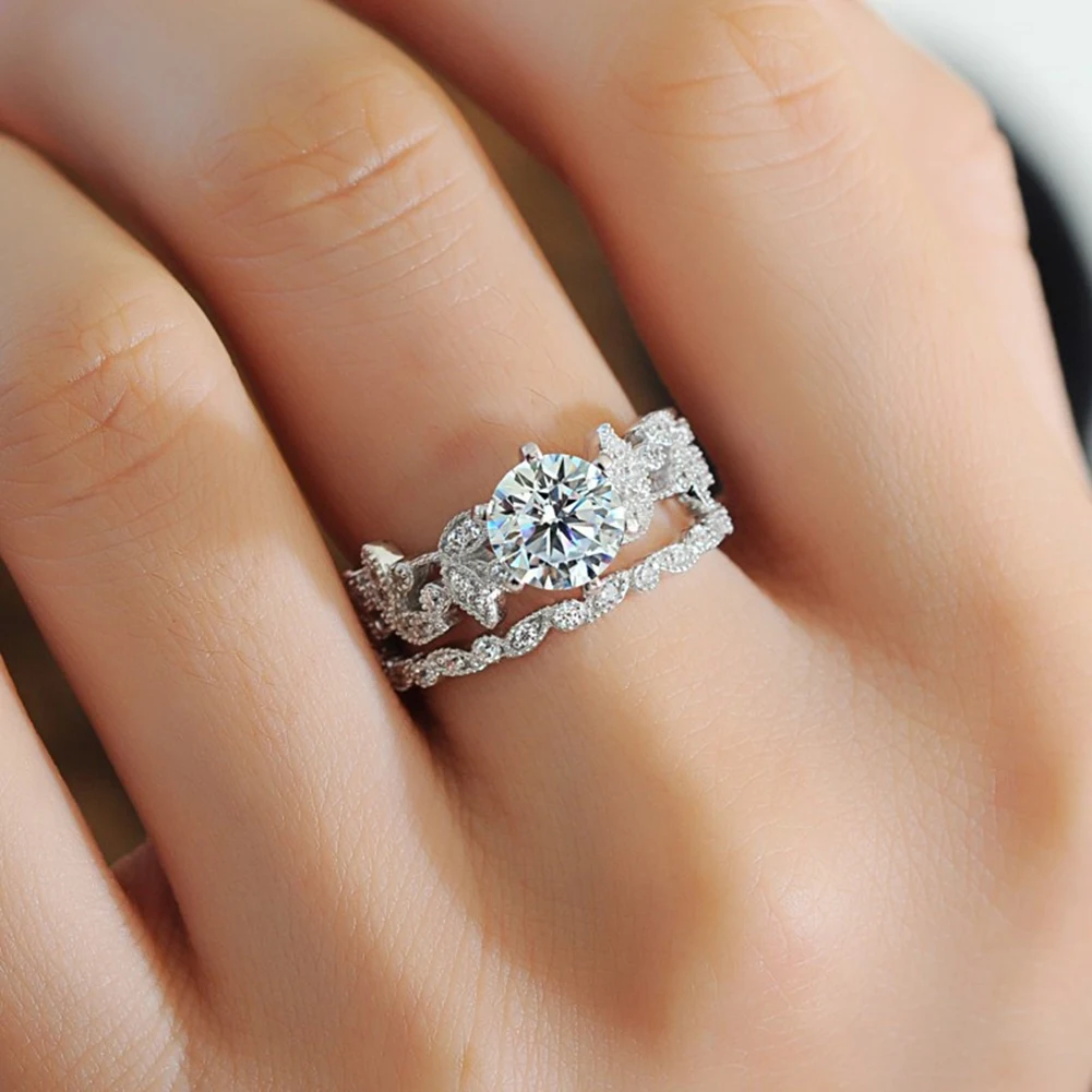 2 in 1 Leaf Design Shiny Zircon Finger Ring Set Luxury Women's Wedding Jewelry | Украшения и аксессуары