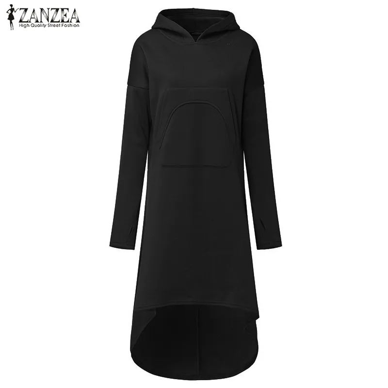 ZANZEA, Женская толстовка с капюшоном, длинный рукав, флис, сплошные карманы, неровный подол, длинный свитер, платье, худи, пуловер, Vestido размера плюс - Цвет: Style 1Black