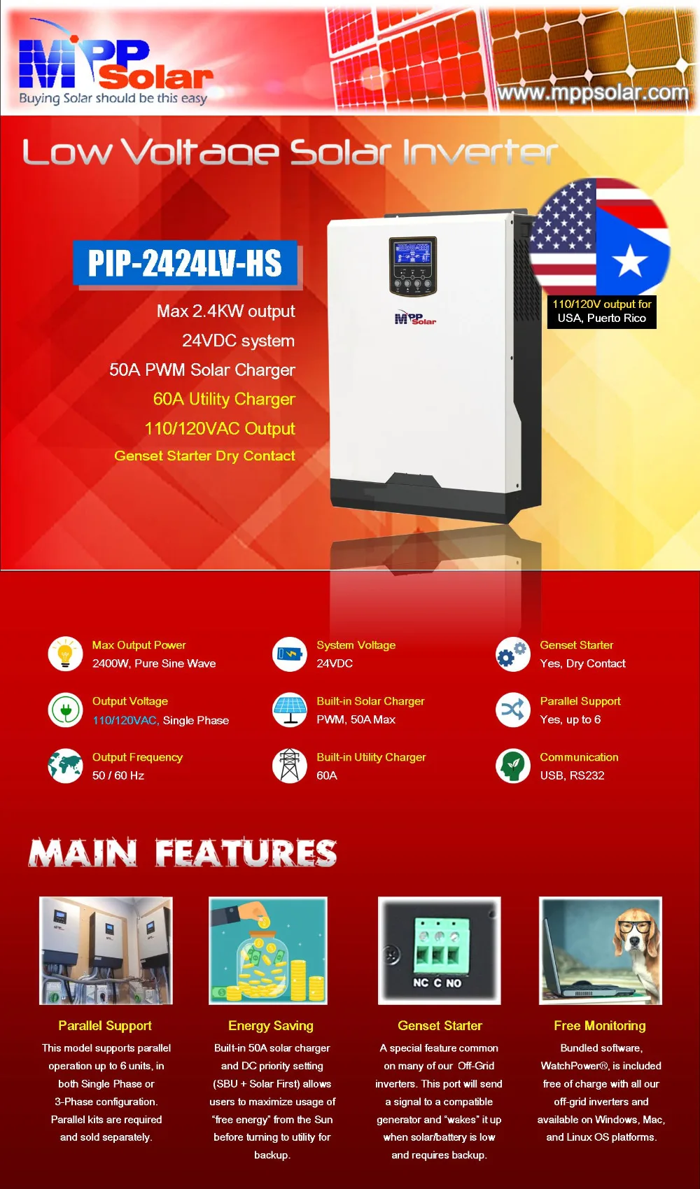 LV-HS) 3kva 2400 w 24 V 110Vac солнечный инвертор+ Солнечное зарядное устройство 50A ШИМ+ зарядное устройство 60A