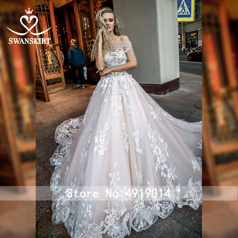 Swanskirt аппликации тюль Vestido de novia свадебное платье мода бисером бальное платье Иллюзия Часовня Поезд свадебное платье HZ09