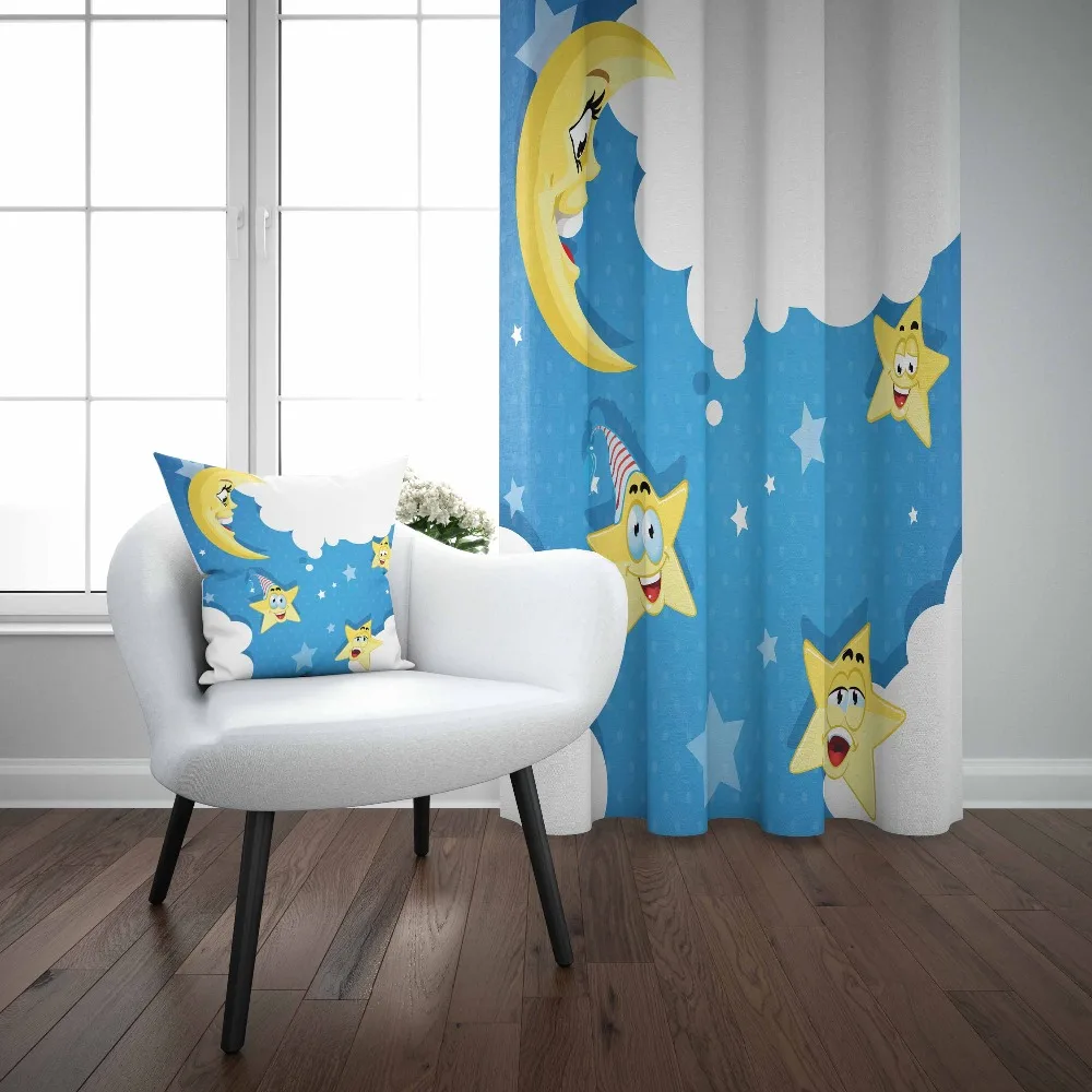 

Else White Clouds Blue Floor on Yellow Star Moons 3d Print Kids Baby Children Window Panel Set Curtain Combine Gift Pillow Case