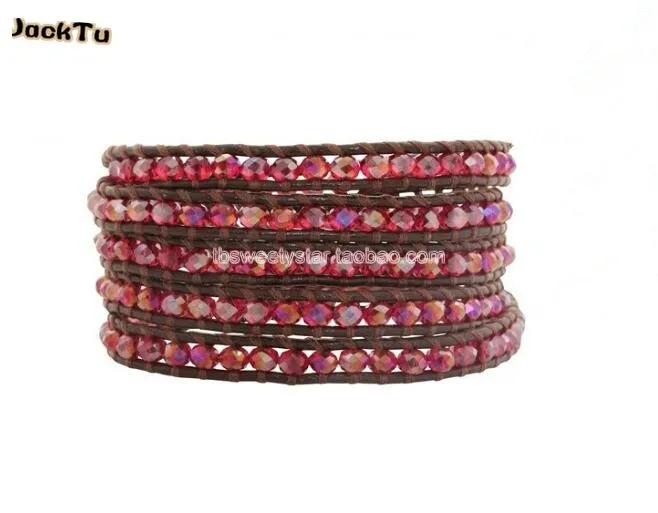 

red square crystal beads wrap bracelet on brown leather