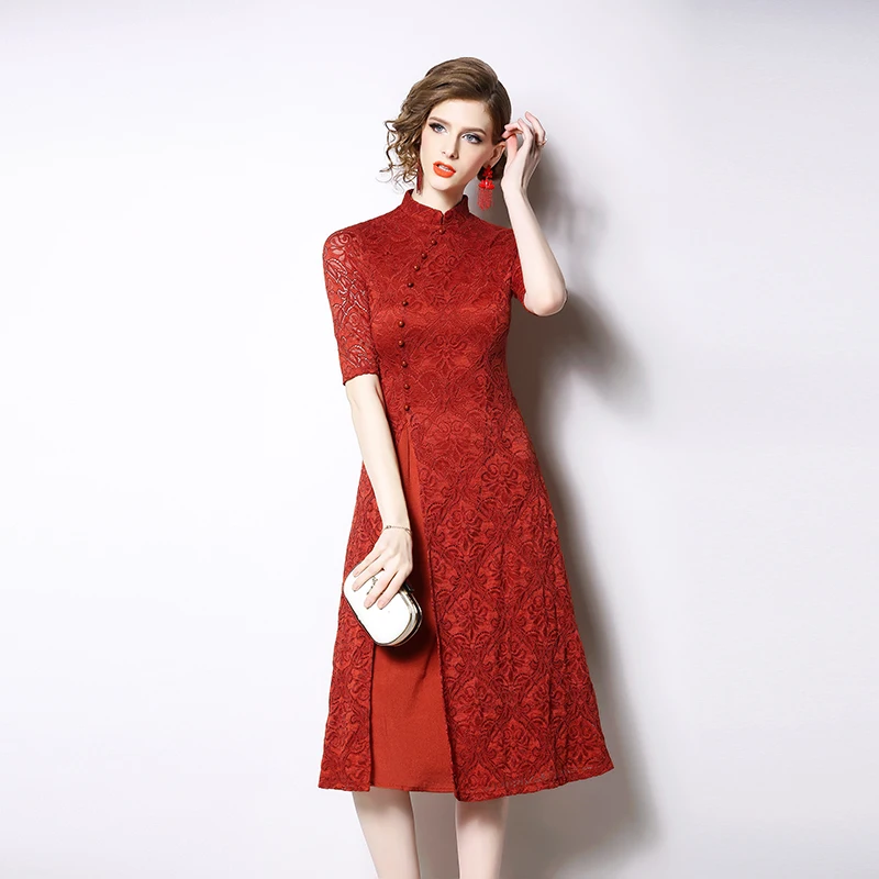 Женское Новое кружевное платье однобортное Ретро стоячий воротник cheongsam |