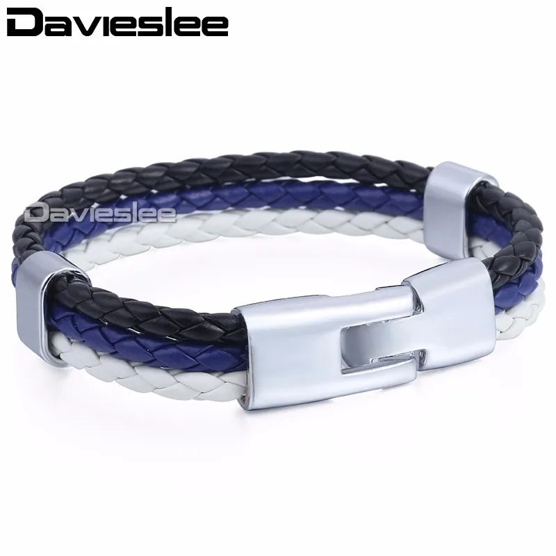 Мужской кожаный браслет с цепочкой Davieslee черный темно синий белый LLB694|leather