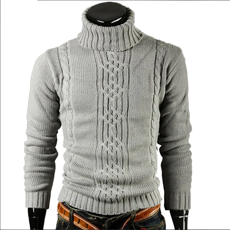 Мужской облегающий свитер с высоким воротником темно-серый толстый жаккардовый