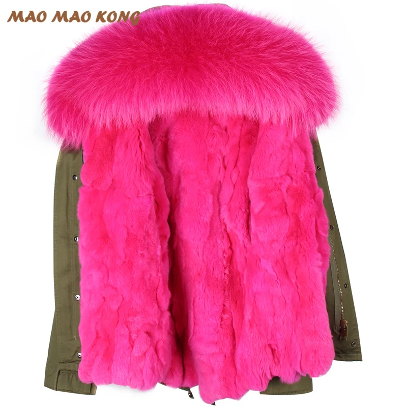 

2021 New winter woman coat parkas jacket army green large raccoon fur collar hooded detachable rex rabbit fur lining brand style