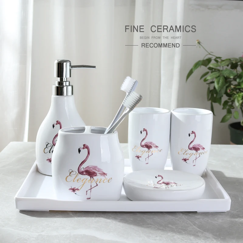 Bathroom Six-piece Set Ceramic Flamingo Wash Cup Brushing Lotion Bottle Tray Supplies Accessories Wedding Gift | Дом и сад