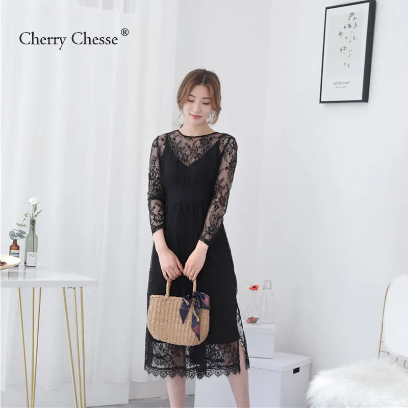 Cherry Chesse Кружева Sheer женское платье с цветочной вышивкой миди Высокая Талия