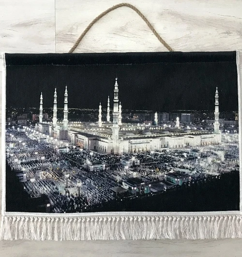 Else Islamic Picture Mecca Kaaba at Hajj черно-белая ночная 3D печать Подарочная настенная художественная веревка висящая мусульманский для молитв гобелен с кисточками ковер