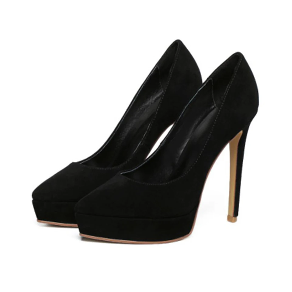 black Suede Новинка; модные женские туфли-лодочки на платформе; свадебные туфли из шелковой кожи ярких цветов; женские модельные туфли-лодочки с острым носком; туфли на высоком каблуке-шпильке - Цвет: black Suede