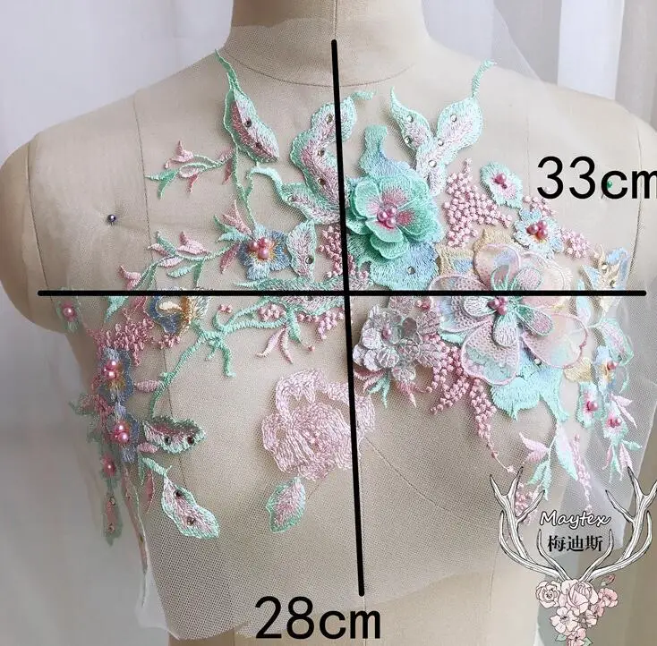2 Pieces 33*28cm Pink Green Beaded Rhinestone Lace Applique Costume Evening Dress Clothing Accessories Pearl Trims Patches | Дом и сад
