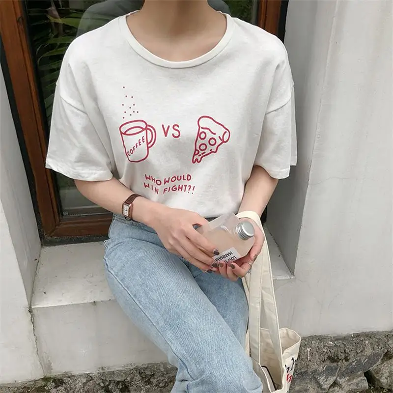 Для женщин футболки топы Япония Kawaii дамы Ретро Простой Кофе Pizza Print хлопковая