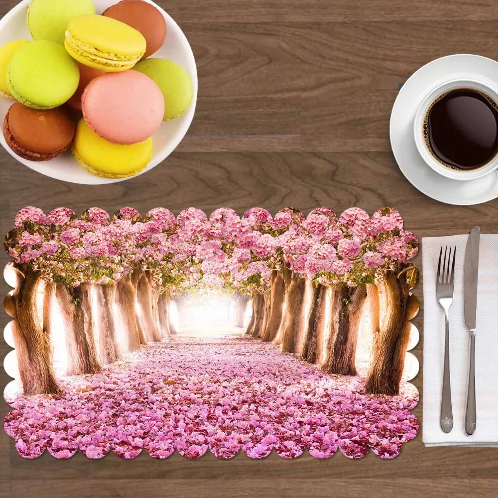 

Else Brown Trees Pink Flowers Leaves Love Road 4 Pcs 3d Print Washable Micro Fabric Table Placemat Pad for Dining Room Kitchen