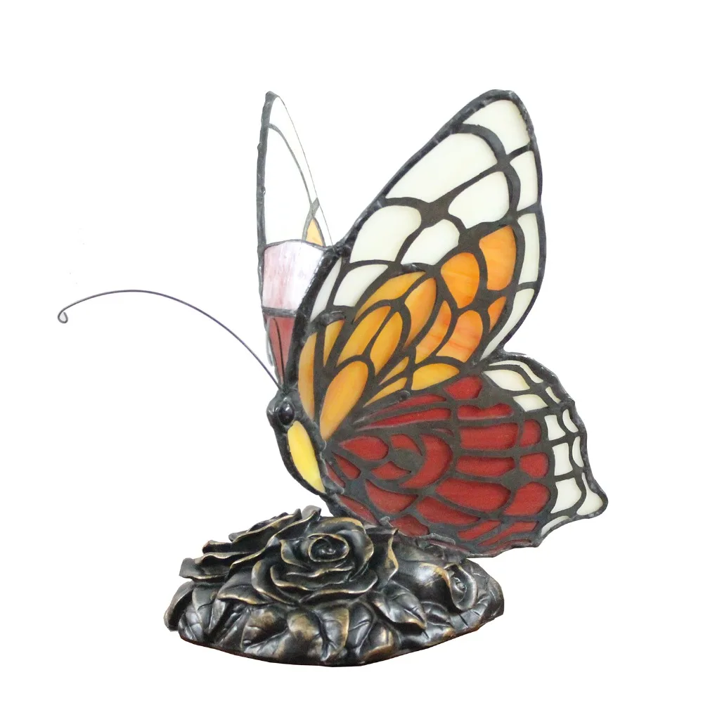 Витражная лампа с оранжевыми бабочками декоративный ночник розовым