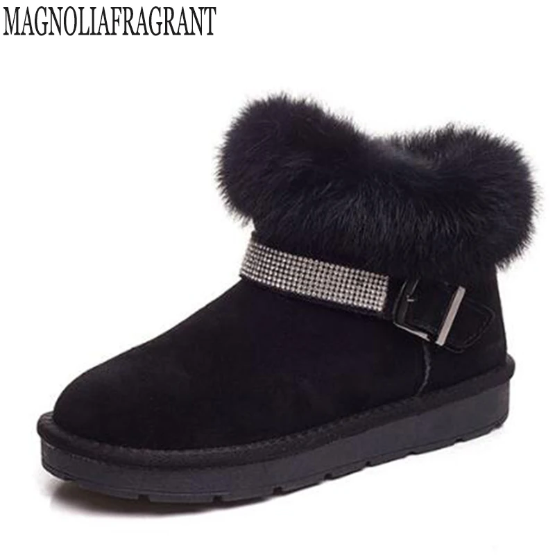 Женские ботинки с кроличьим мехом теплые Нескользящие на плоской подошве
