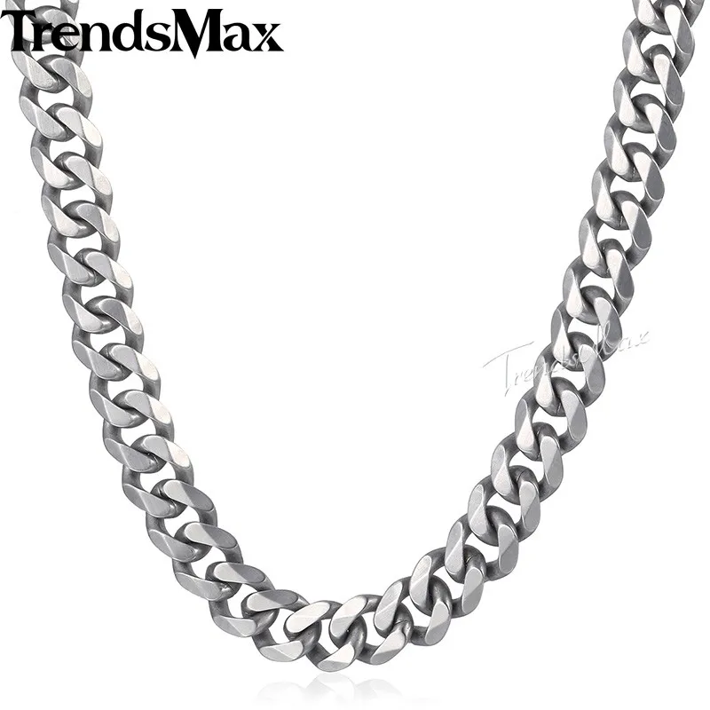 Trendsmax матовое полированное ожерелье Мужская цепь 316L нержавеющая сталь резанная Снаряженная кубинская звено Серебряный тон 15 мм KHNM18