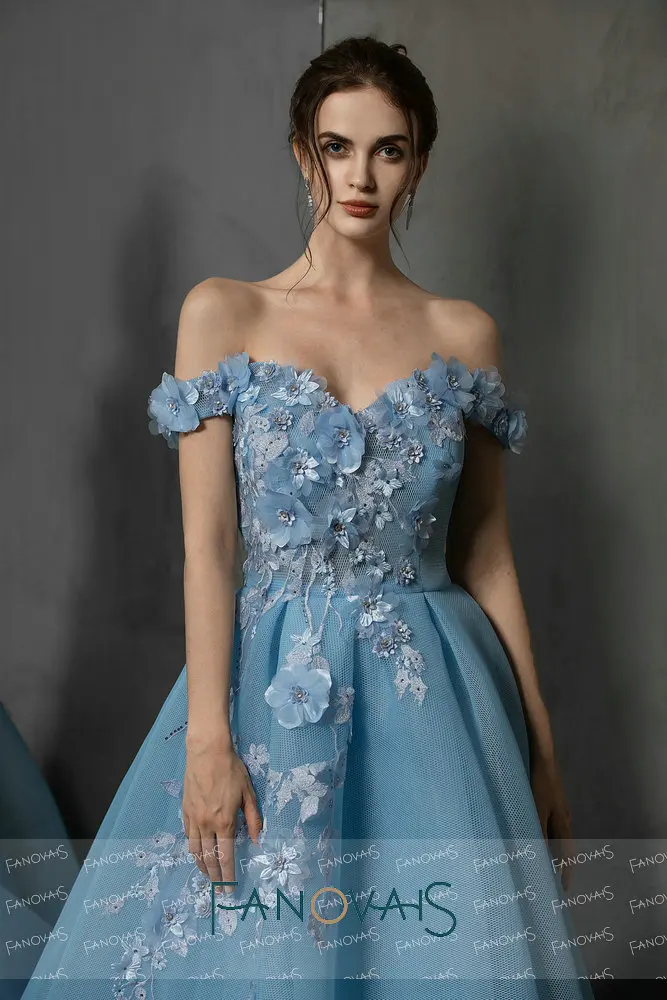 &quotСиний с плеча вечерние платья длинные 3D цветы выпускного вечера 2019 vestidos de fiesta