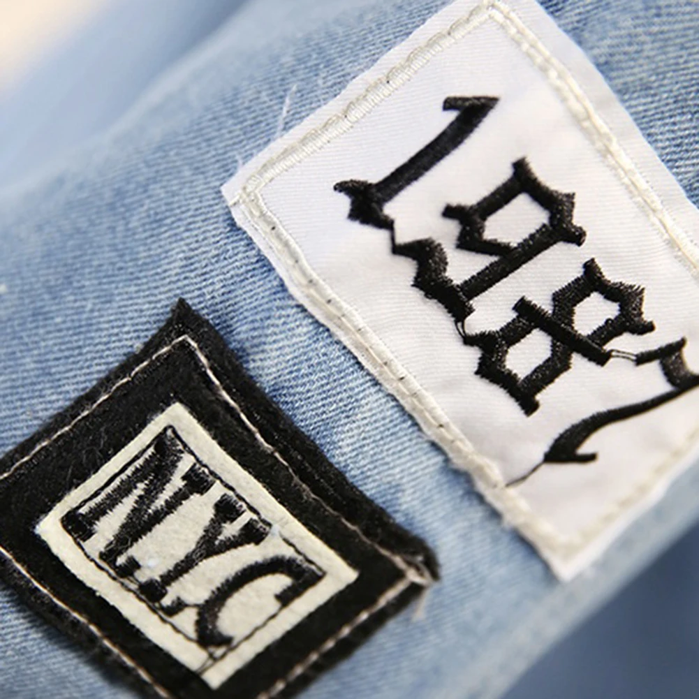 Модные потертые с длинным рукавом Письмо печати Patch Denim Jacket Для женщин рваные