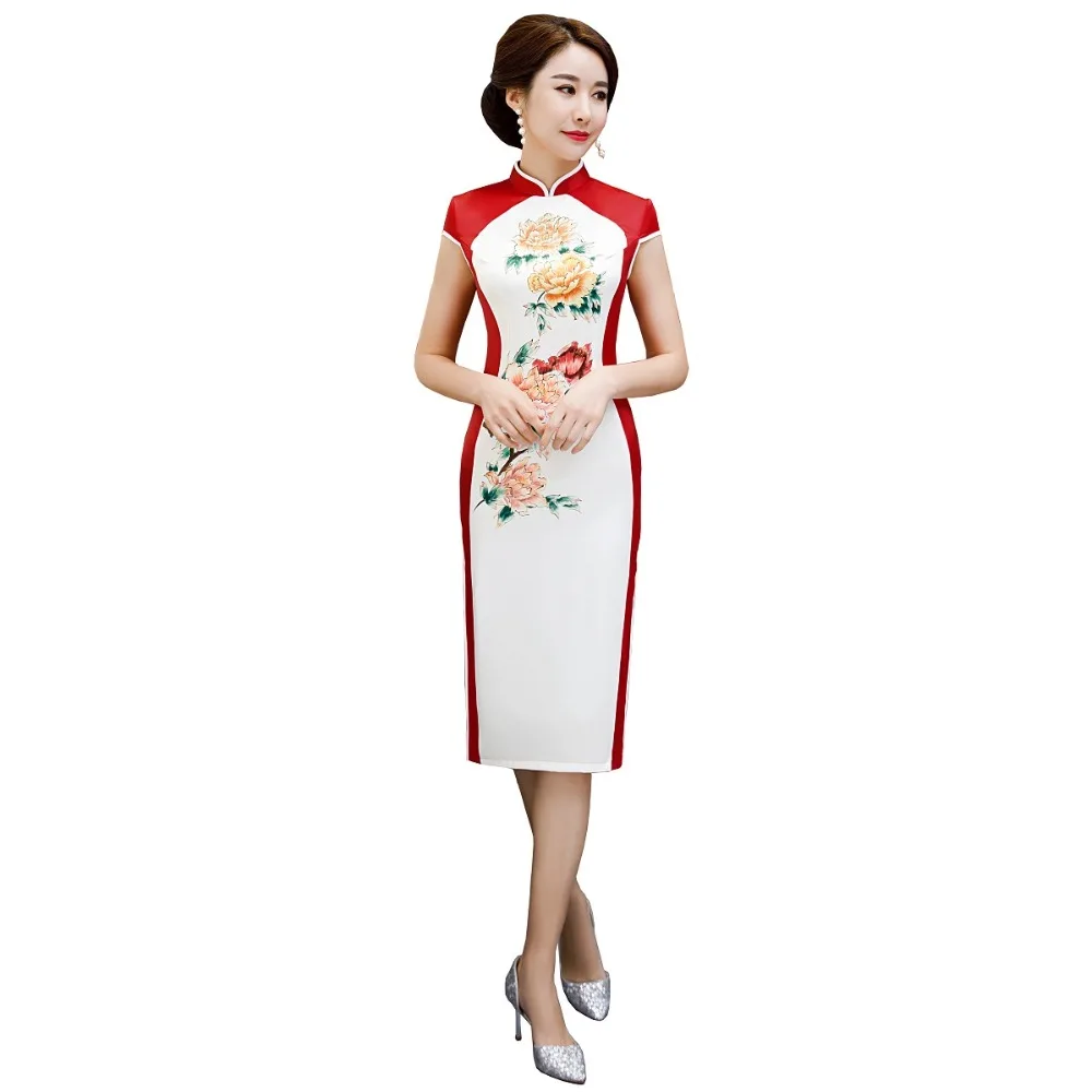 Шанхай история искусственный шелк короткий рукав цветочный принт Qipao | Отзывы и видеообзор