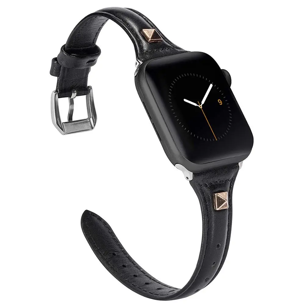 Black with rivet Toyouths тонкий кожаный ремешок для Apple Watch iWatch женский мужской спортивный ремешок тонкий браслет для отдыха Serise 1 2 3 4 - Цвет ремешка: Black with rivet