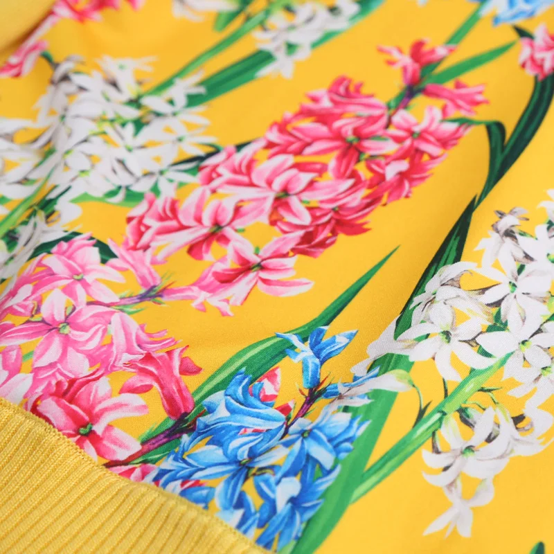 2019 Spring Runway Fashion Pullover Sweater Women V-neck Long Sleeve Yellow Flowe Print Wool knitted Top | Женская одежда