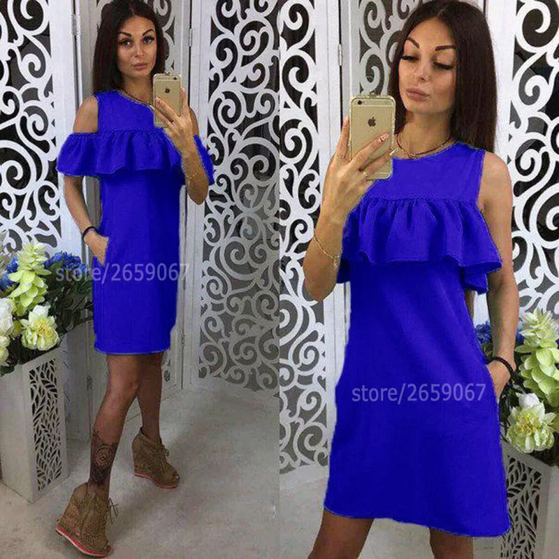 5 цветов однотонное платье с открытыми плечами и оборками летнее женское 2018