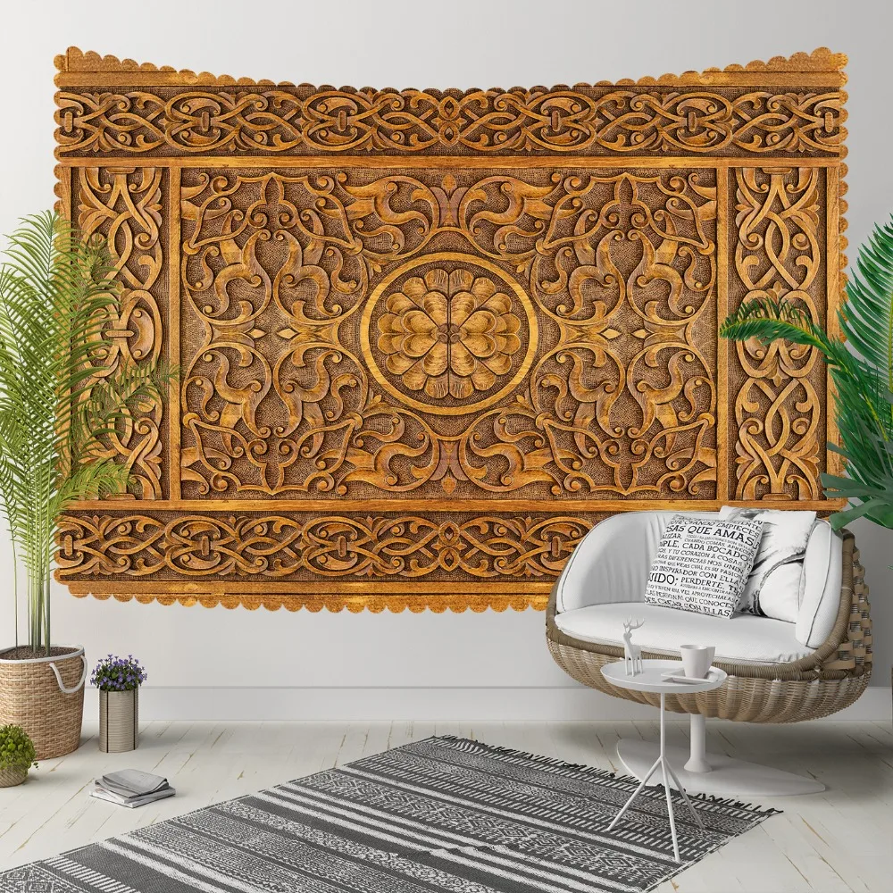 Else Brown Wooden Ottoman Motif Tradional Design 3D Print Decorative Hippi Bohemian Wall Hanging Landscape Tapestry Art | Дом и сад