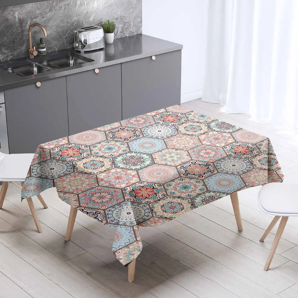 

Else Geometric Ethnic Brown Red Blue Hexagon Aztec 3d Print Washable Thicken Cotton Cloth Rectangular Square Kitchen Tablecloth