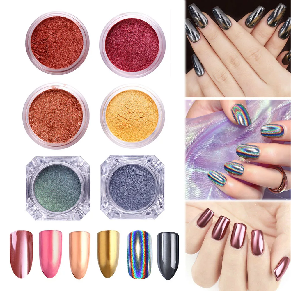 6 Box/Set зеркало ногтей Блеск Пигмент Порошок золотистый и черный розовый пыли