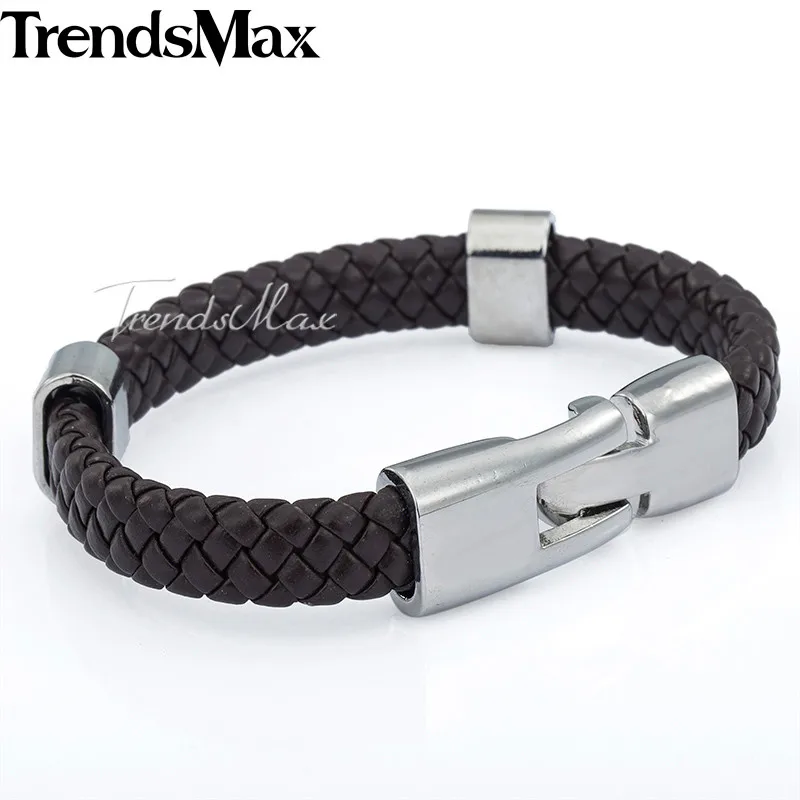 9mm Dark Brown Trendsmax мужской s плетеный кожаный браслет ювелирные изделия из нержавеющей стали якорная Пряжка кожаные браслеты для мужчин и женщин 9 10 мм KLBM24 - Окраска металла: 9mm Dark Brown