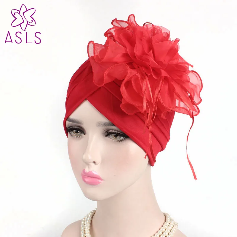 2018New Fashion Ruffle Turban With Big Poplin Flower Cocktail Wedding Tea Party Bandana Indian cap Hair accessories for women |