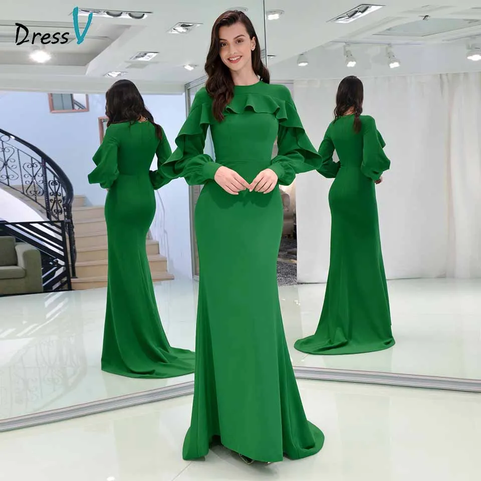 Dressv элегантное вечернее платье с овальным вырезом и длинными рукавами оборками